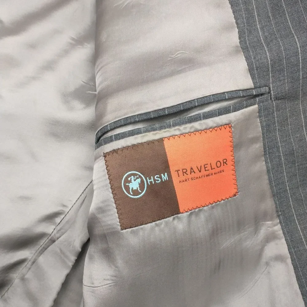 Hart Schaffner Marx‎ Blazer Mens 46 XL Gray Stripe Traveler 2 Button Wool Jacket
